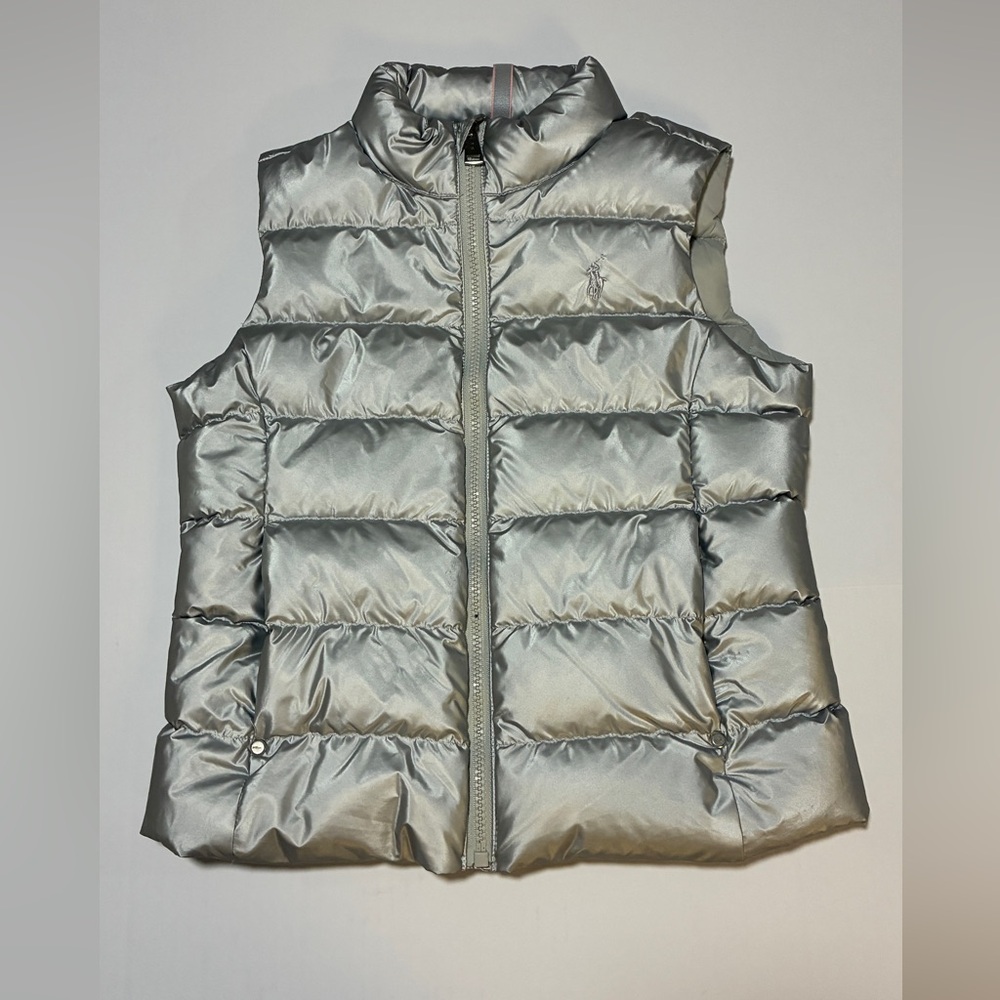 Polo by Ralph Lauren Silver Puffy Vest with Pink Trim